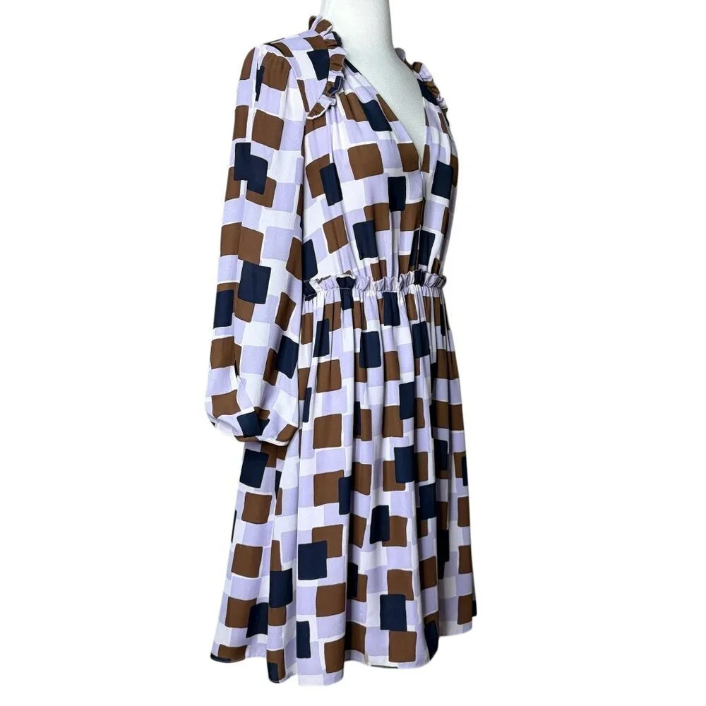 Kate Spade Dress Long Sleeve Geo Square Purple Brown Size 8